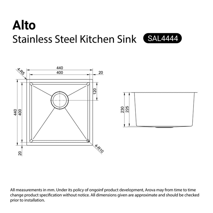 Alto 440mm Small Stainless Kitchen Sink Single Bowl Top / Undermount Sinks Arova
