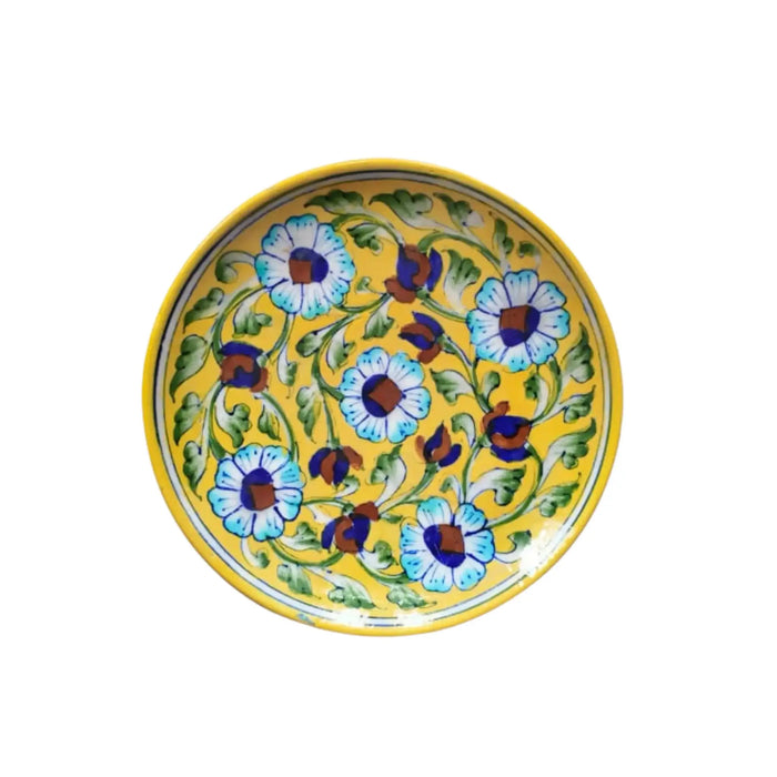 Artisan Blue Pottery Floral Quartz Wall Plate | Yellow Quartz Decor   Pottery