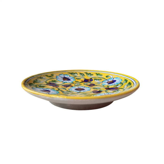 Artisan Blue Pottery Floral Quartz Wall Plate | Yellow Quartz Decor   Pottery