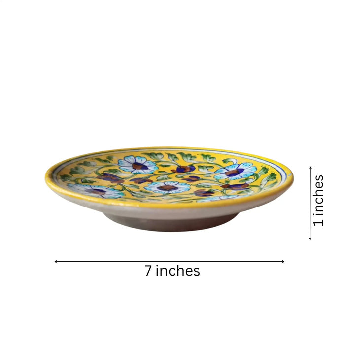 Artisan Blue Pottery Floral Quartz Wall Plate | Yellow Quartz Decor   Pottery