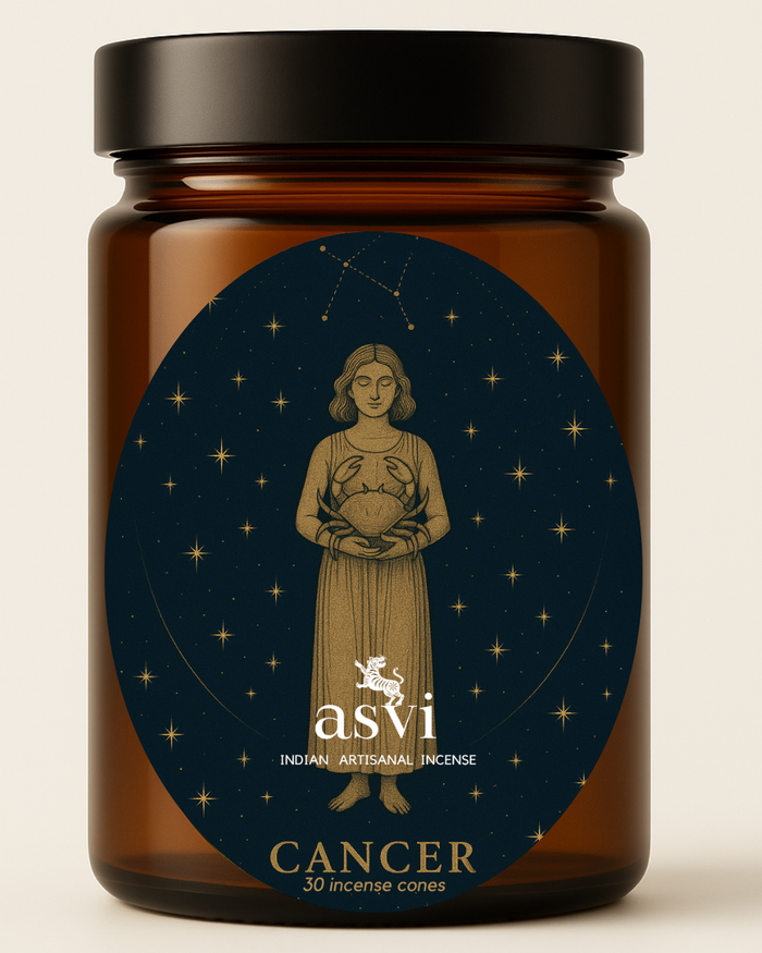 Ayurvedic Zodiac incense cones for Cancer, featuring a nurturing blend of Jasmine, Sandalwood, and Chamomile.