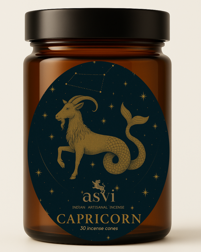 Ayurvedic Zodiac incense cones for Capricorn, featuring a grounded blend of Cedarwood, Patchouli, and Lavender.