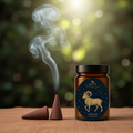 "Detailed view of the natural charcoal-free cones, featuring warming cinnamon and grounding sandalwood for the Aries sun sign.