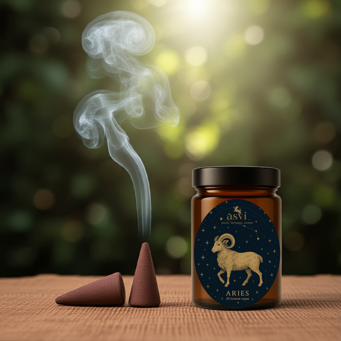 "Detailed view of the natural charcoal-free cones, featuring warming cinnamon and grounding sandalwood for the Aries sun sign.