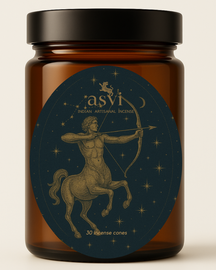 Ayurvedic Zodiac incense cones for Sagittarius, an invigorating blend of Cinnamon, Frankincense, and Pine for the sign of the seeker.