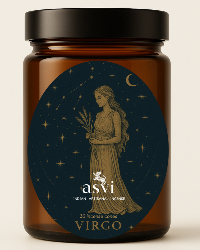 Ayurvedic Zodiac incense cones for Virgo, a meticulous blend of Lavender, Cedarwood, and Neroli for the sign of intelligence
