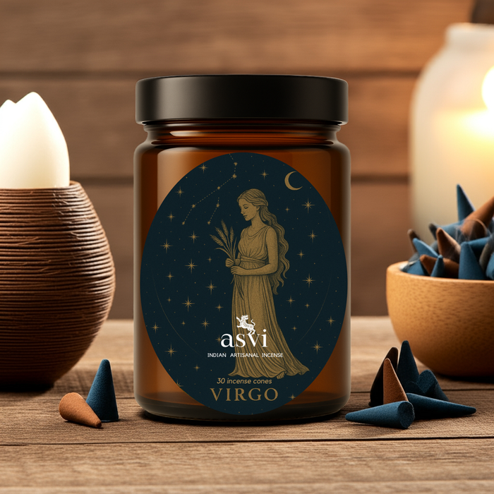 A lit Virgo incense cone releasing a soothing aroma designed to calm the analytical mind and reduce overthinking.
