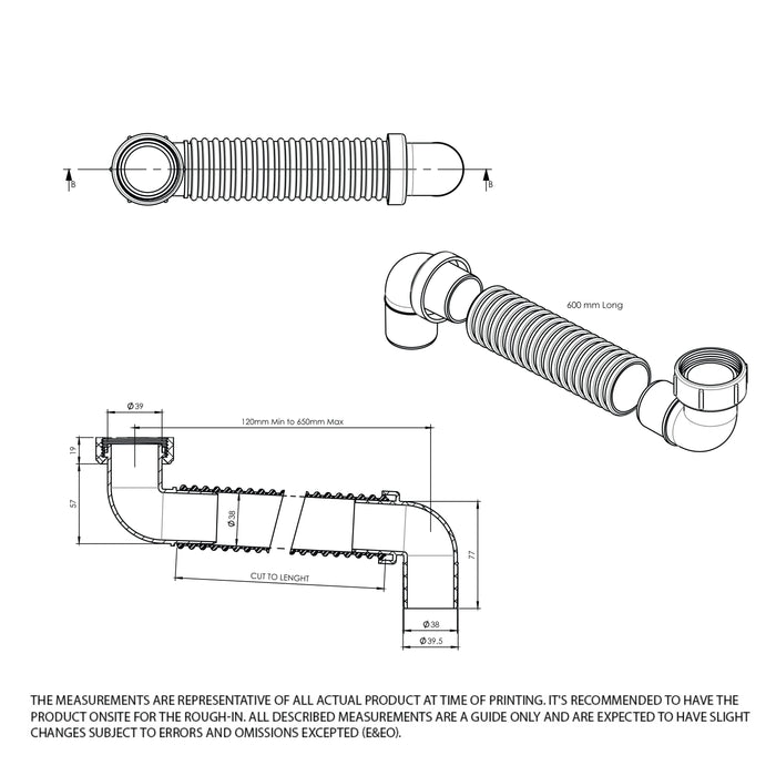 Bath Connector Universal - Flexible 40mm x 600mm Baths Arova