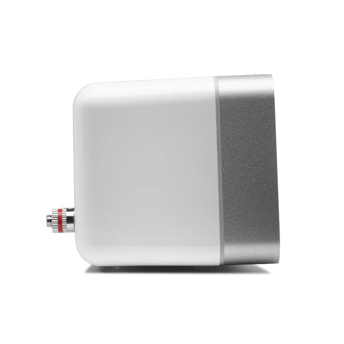 Cambridge Audio MINX MIN12 Compact Speaker, White, right side profile showing the red binding post