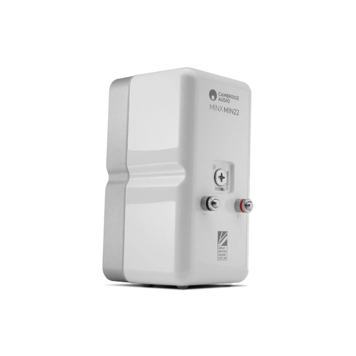 Cambridge Audio MINX MIN22 Compact Speaker, White, three-quarter rear view showing connection panel