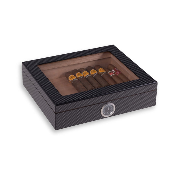 Carbon Fiber Design 20 Cigar Humidor with Glass Viewing Top and Cedar Lining