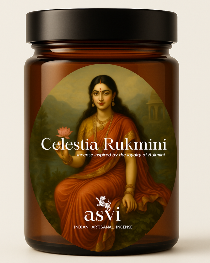 The Celestia Rukmini incense cones, an exquisite organic blend of Musk Mallow, Cardamom, and Red Sandalwood.