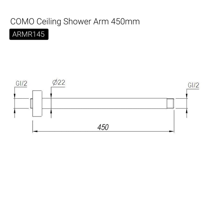 COMO Ceiling Shower Arm 450mm Black Showers Arova