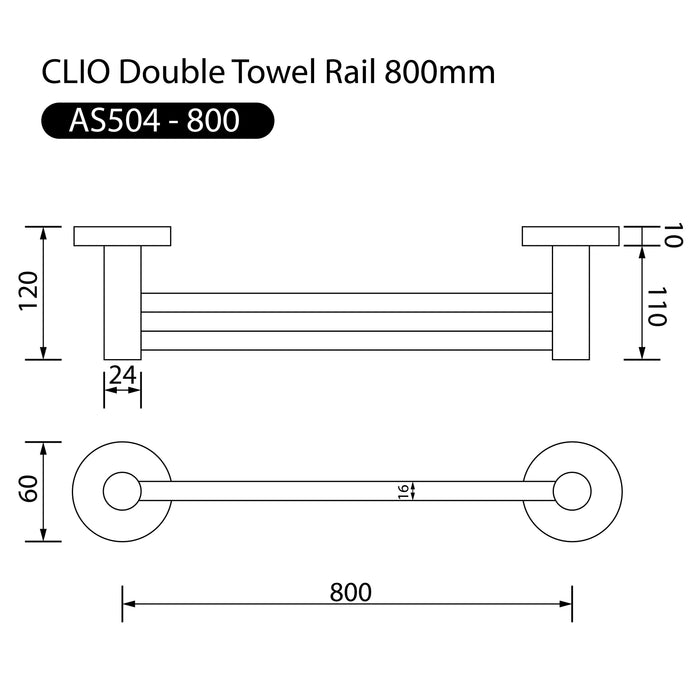 Clio Double Towel Rail 800mm Chrome Accessories Arova