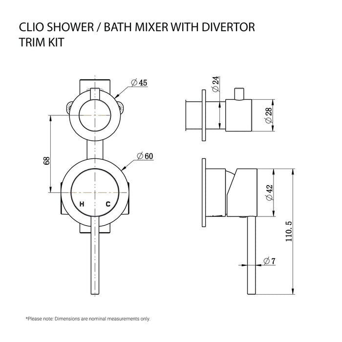 CLIO Shower / Bath Mixer with Divertor Trim Kit Brushed Nickel Tapware Arova