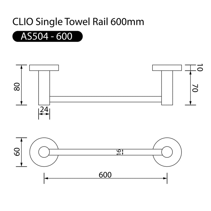 Clio Single Towel Rail 600mm Matte Black Accessories Arova