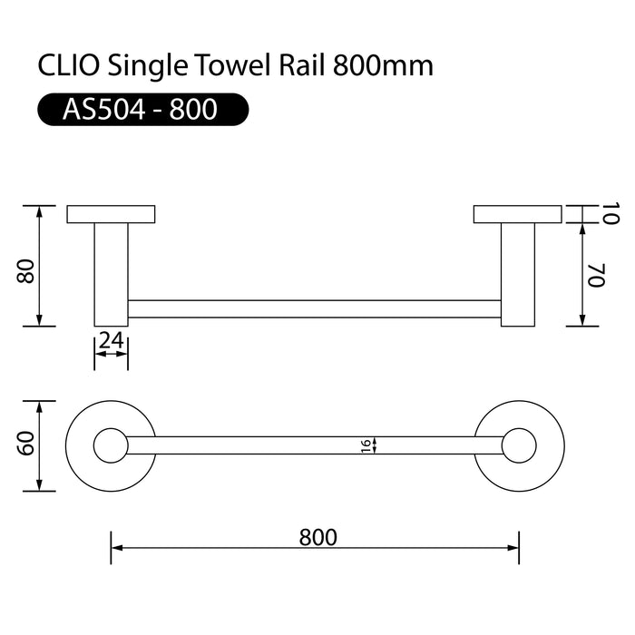 Clio Single Towel Rail 800mm Matte Black Accessories Arova