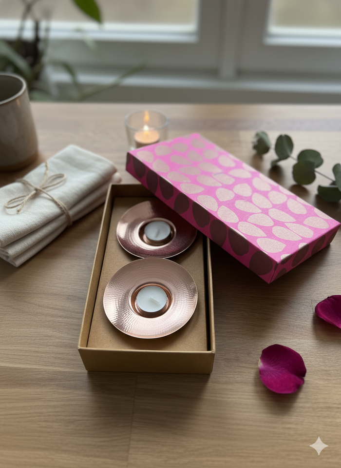 Close-up of the lacquered pure copper surface, highlighting the 11.4 cm diameter and the artisan handcrafted texture, in a gift box