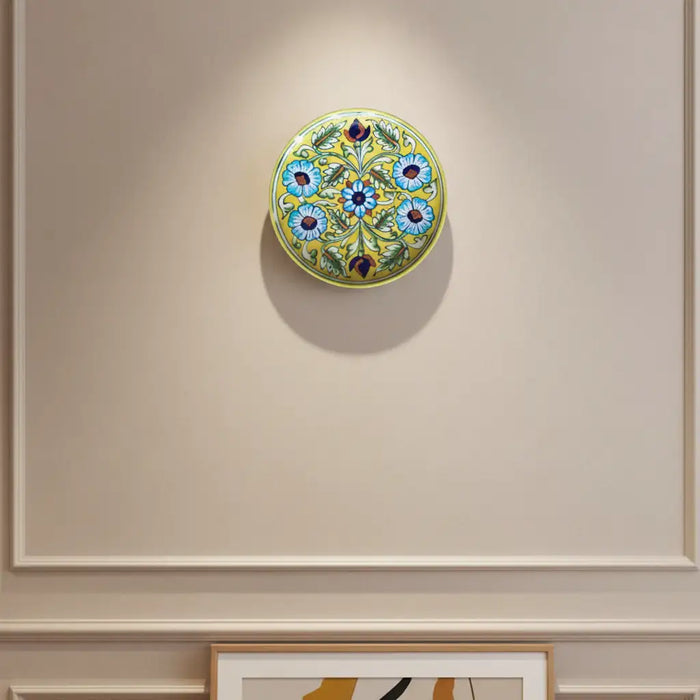 Hand-Painted Blue Pottery Floral Wall Plate | Yellow Decorative Quartz Art   Pottery
