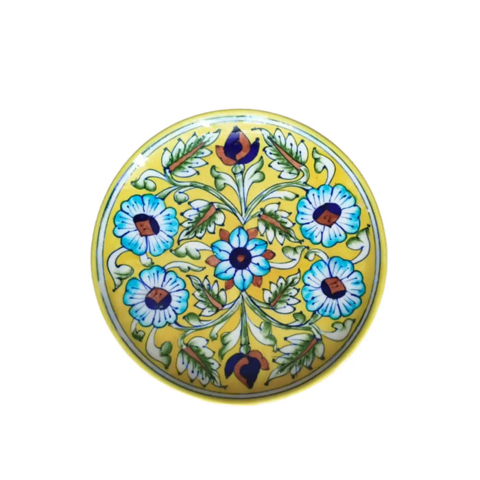 Hand-Painted Blue Pottery Floral Wall Plate | Yellow Decorative Quartz Art   Pottery
