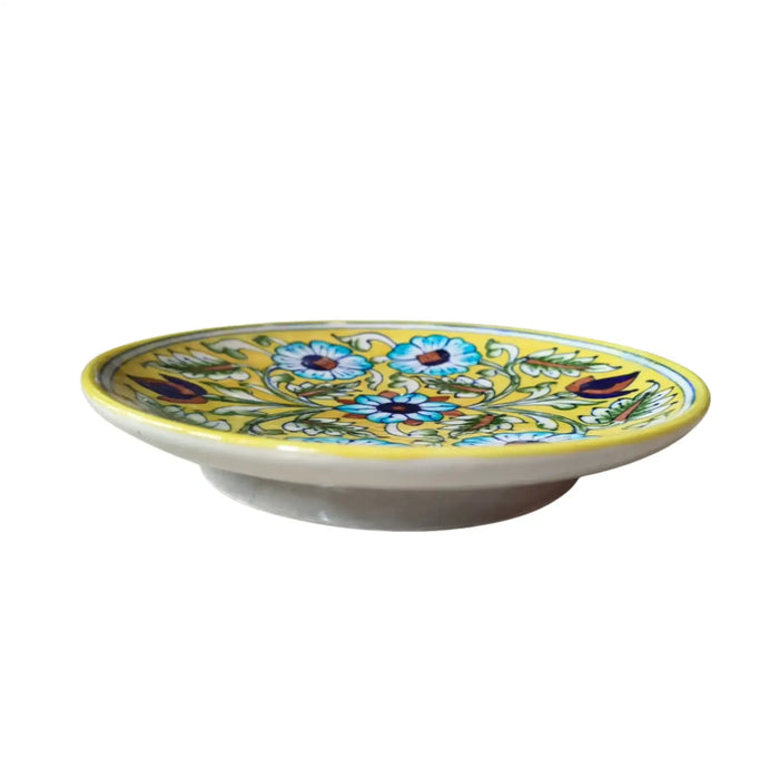 Hand-Painted Blue Pottery Floral Wall Plate | Yellow Decorative Quartz Art   Pottery