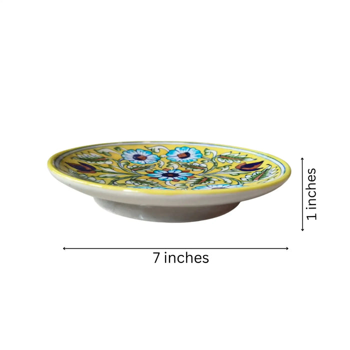 Hand-Painted Blue Pottery Floral Wall Plate | Yellow Decorative Quartz Art   Pottery