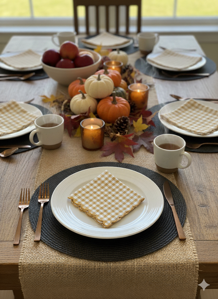 Thanksgiving table setting with pumpkins, candles, and fall decorations.