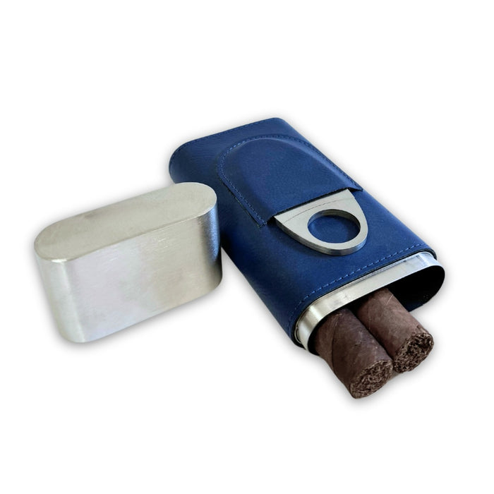 Harrison Blue Leather and Steel Cigar Case with Cutter