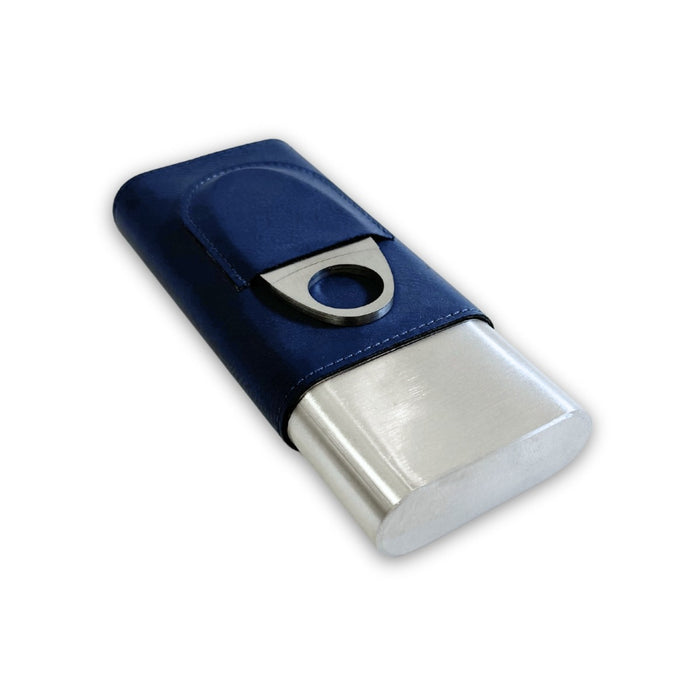 Harrison Blue Leather and Steel Cigar Case with Cutter