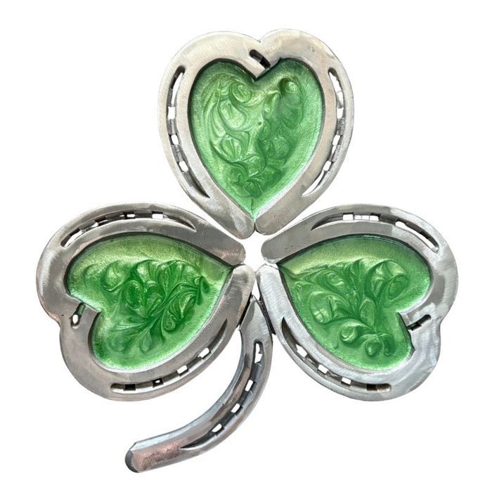 Horseshoe Shamrock Wall Decor – Handmade Metal Art with Green Epoxy Resin (Leaf Pattern Resin)