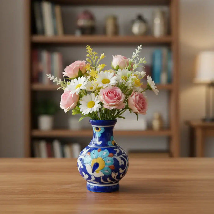 Miniature Blue Pottery Floral Vase | Hand-Painted Decorative Accent   Pottery