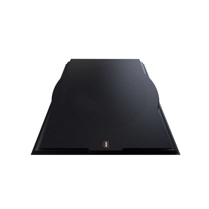 Perlisten Subwoofer Grille, Black, angled view of the grille face and badge