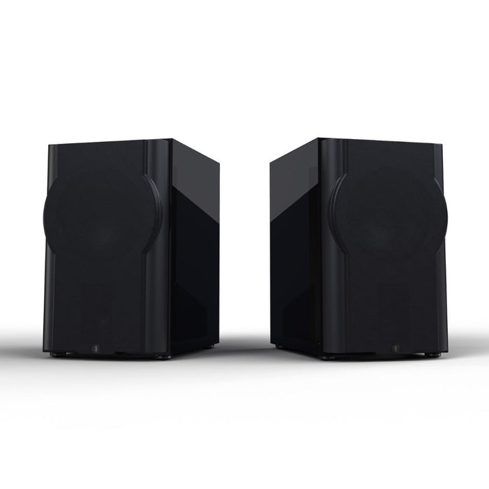 Perlisten Subwoofer Grilles, Black, three-quarter view of a pair of gloss black subwoofers with grilles fitted