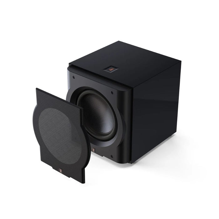 Perlisten Subwoofer Grille, Black, three-quarter view facing left with the grille removed, exposing the driver