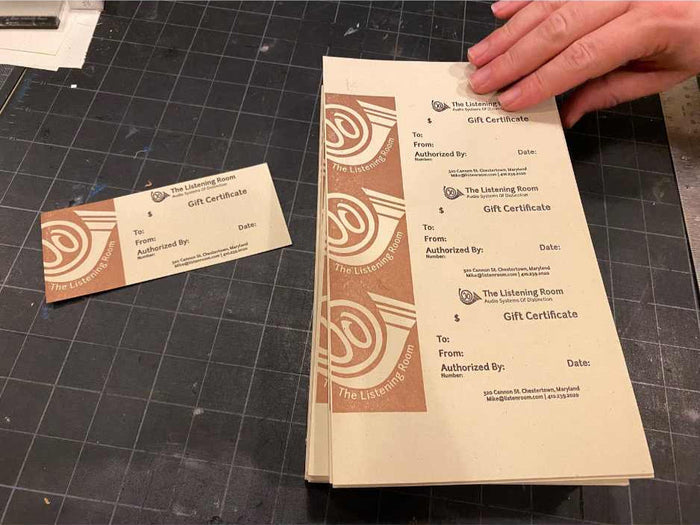 Hand-printed Listening Room gift cards