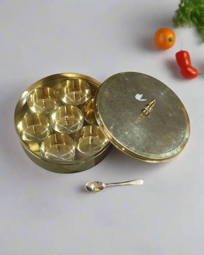Pure Brass Spice Container for Kitchen – Vintage Indian Masala Dabba   Brass Ware