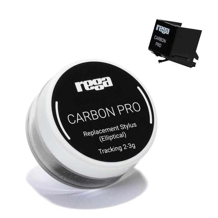 Rega Carbon Pro Replacement Stylus, Black, packaging puck top view with cartridge inset