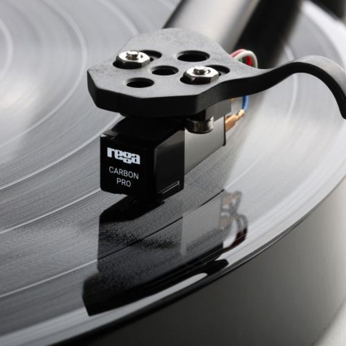 Rega Carbon Pro Replacement Stylus, Black, lifestyle, cartridge mounted on headshell tracking a record