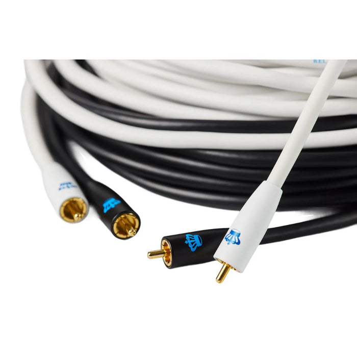 REL Commander™ .1/LFE Subwoofer Cable, Black and White, RCA connector close-up with both coiled cables