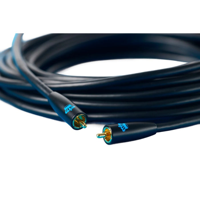 REL Commander™ .1/LFE Subwoofer Cable, Black, RCA connector close-up with coiled cable