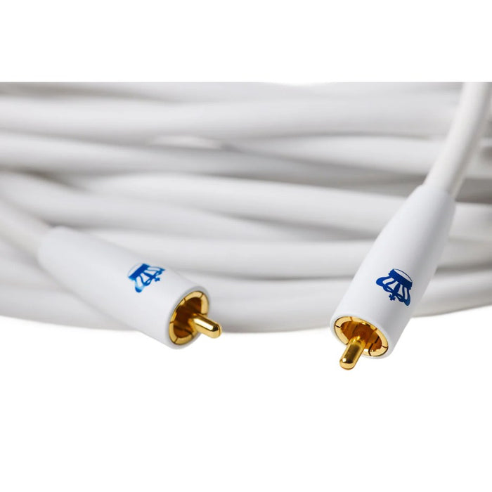 REL Commander™ .1/LFE Subwoofer Cable, White, RCA connector close-up with coiled cable