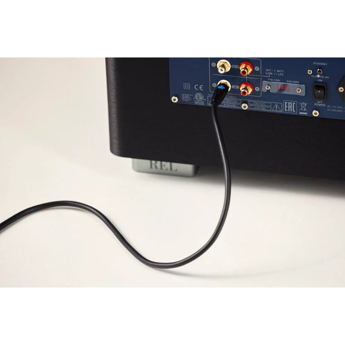 REL Commander™ .1/LFE Subwoofer Cable, Black, lifestyle, connected to a subwoofer rear connection panel