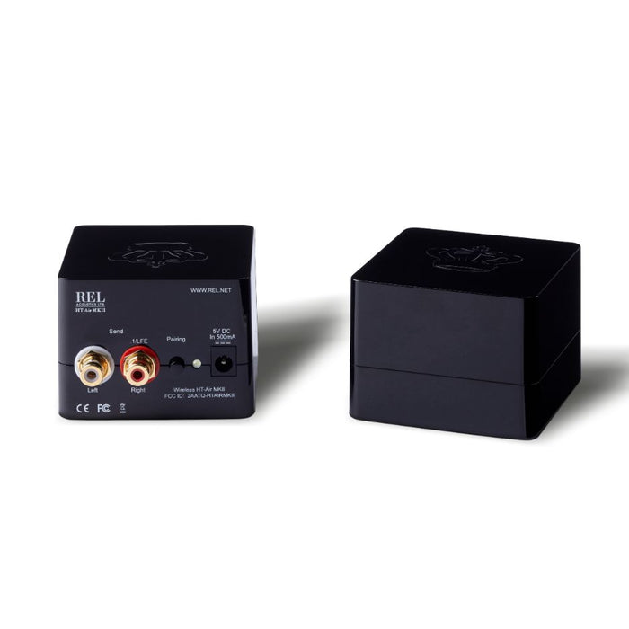 REL HT-Air MKII Wireless Transmitter, Black, angled pair showing front and rear