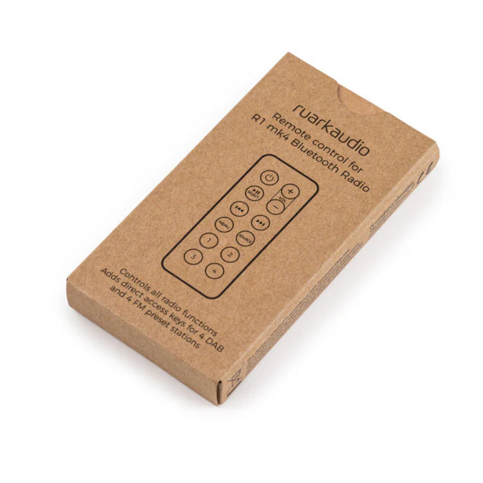Ruark Audio Remote Control for R1 MK4 Bluetooth Radio, Black, three-quarter view of the closed kraft retail box