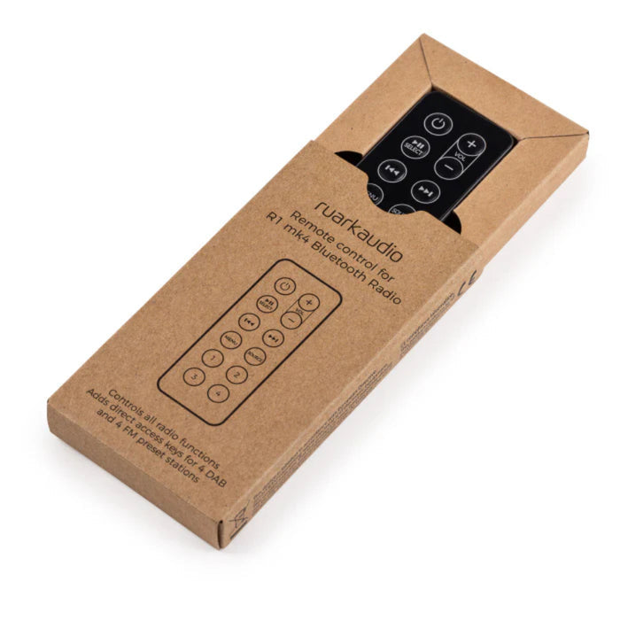 Ruark Audio Remote Control for R1 MK4 Bluetooth Radio, Black, three-quarter view of the open retail box with the remote in its sleeve