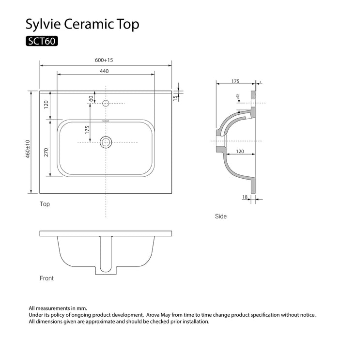 Sylvie 600mm Ceramic Vanity Top Vanity Top Arova