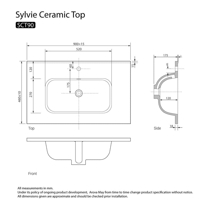 Sylvie 900mm Ceramic Vanity Top Vanity Top Arova