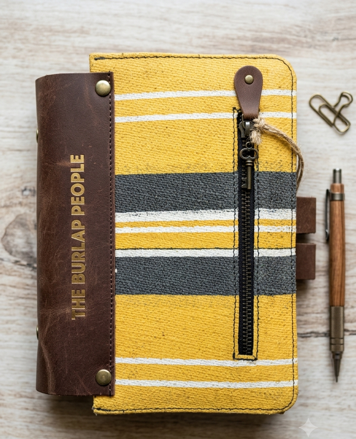 Yellow and gray striped notebook with brown leather strap on a wooden surface, featuring 'The Burlap People' branding.