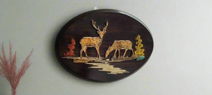 Tranquil Deer Silhouette – Handcrafted Oval Rosewood Inlay Artwork   Inlay Art