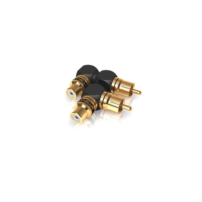 VIABLUE XS RCA Adapters, Black and Gold, three-quarter view facing left of two right-angle adapters overlapping one behind the other